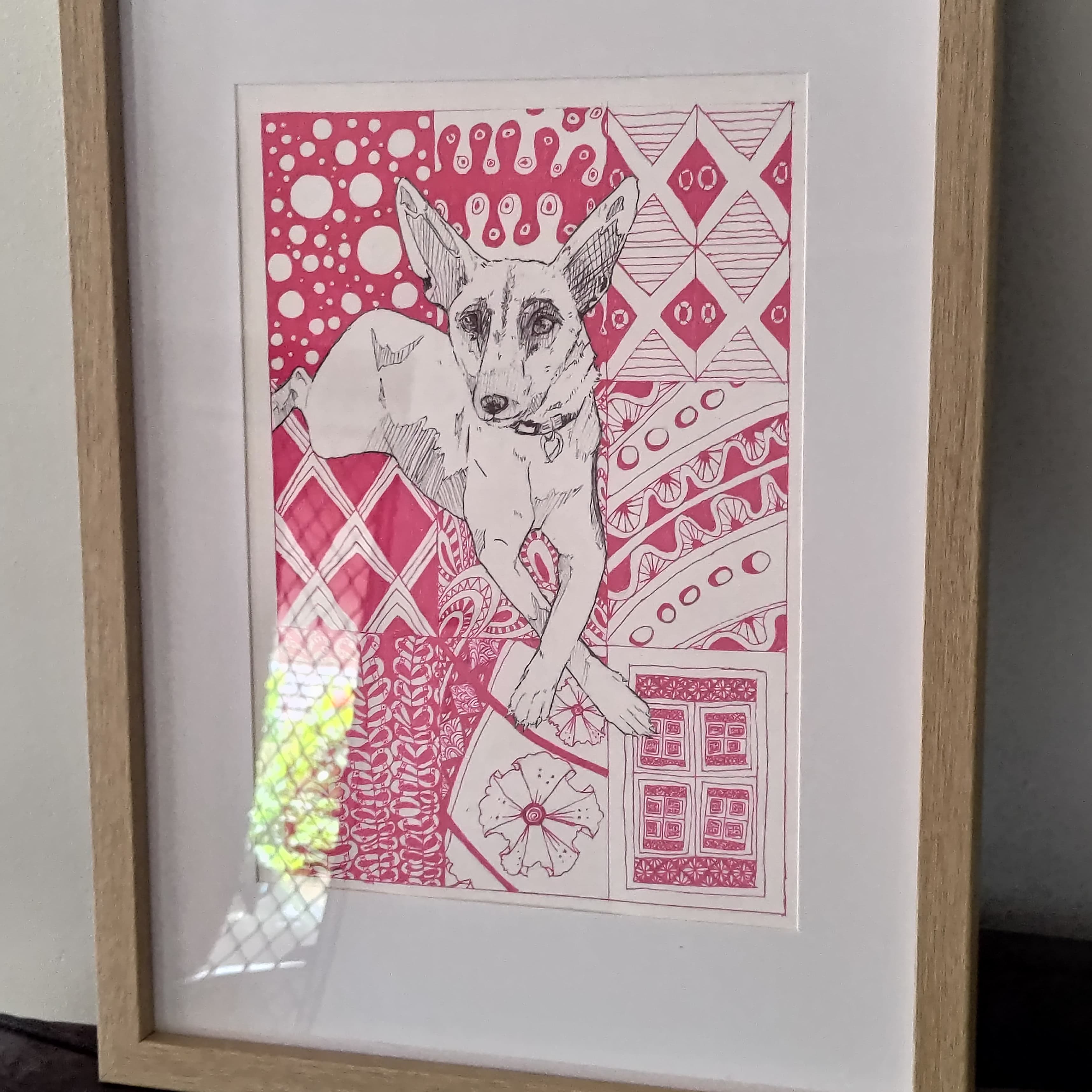Dog art with detailed patterned pink background